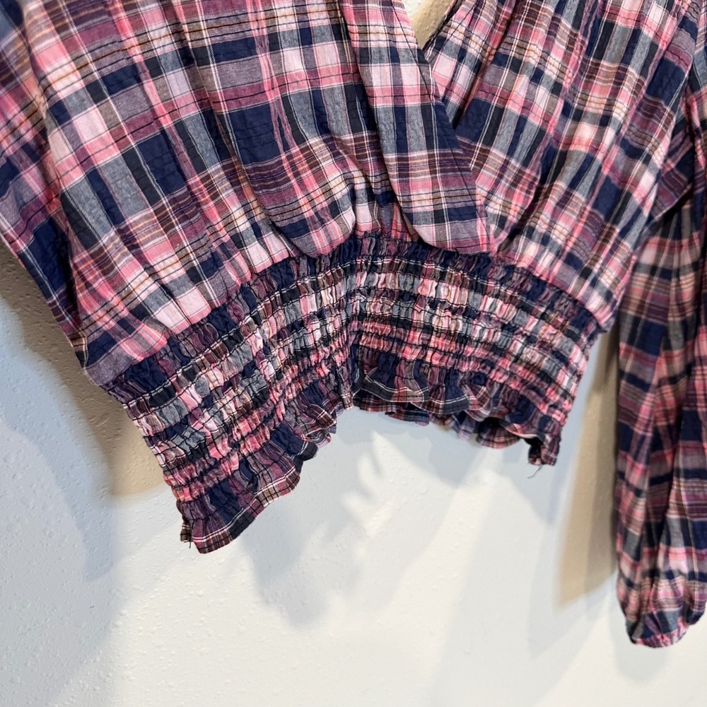 Zara Plaid Crop Top Women Medium Pink Smocked Balloon Sleeve Preppy Cottage Boho - Picture 6 of 12